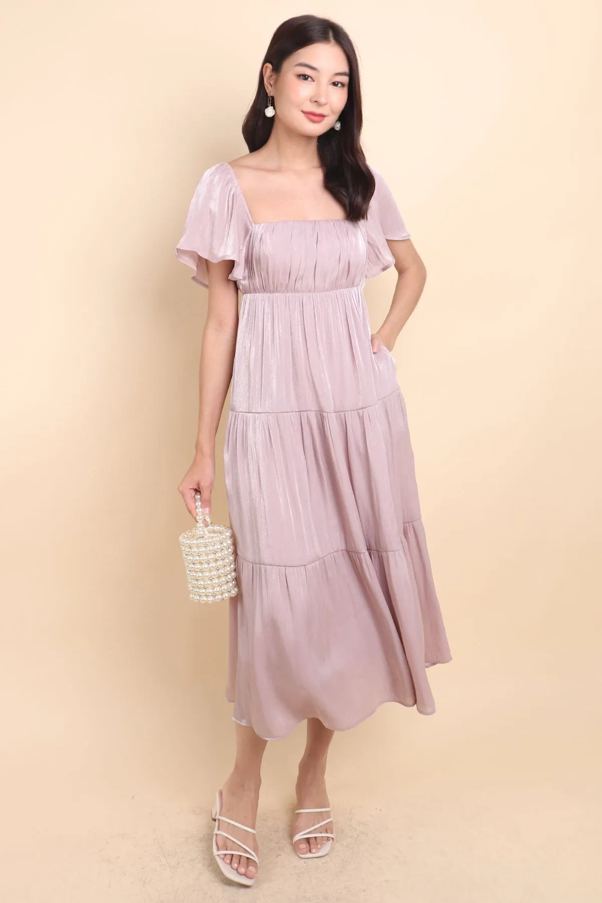 BELLE FLUTTERS SHIMMERY MIDAXI IN MAUVE PINK