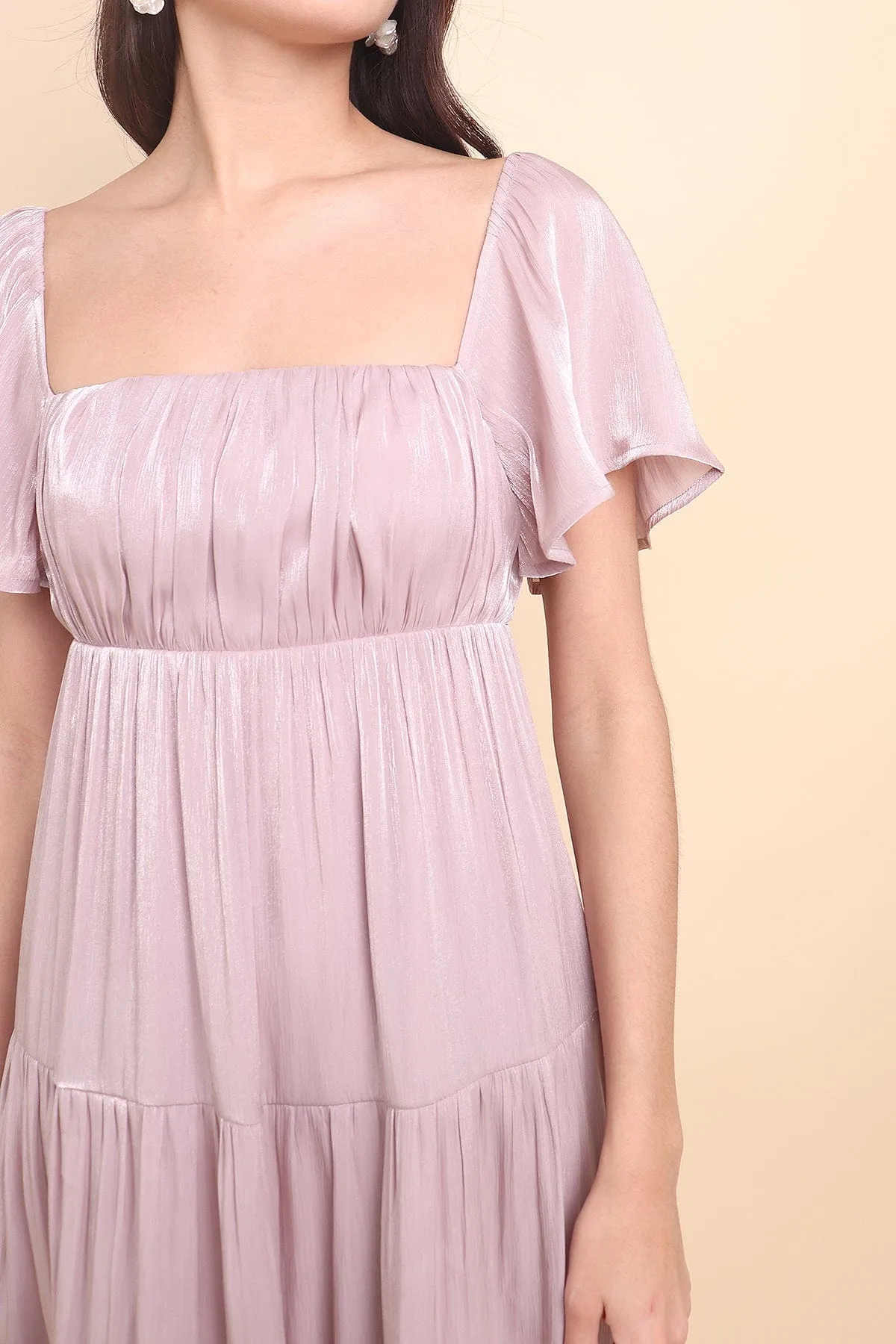 BELLE FLUTTERS SHIMMERY MIDAXI IN MAUVE PINK