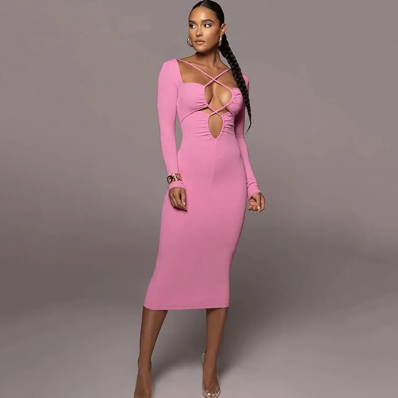 BerriesJam - Sexy Bandage Hollow Out Bodycon Long Sleeve Dress