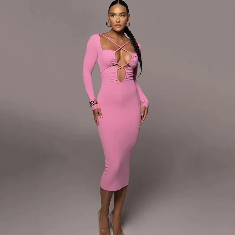 BerriesJam - Sexy Bandage Hollow Out Bodycon Long Sleeve Dress