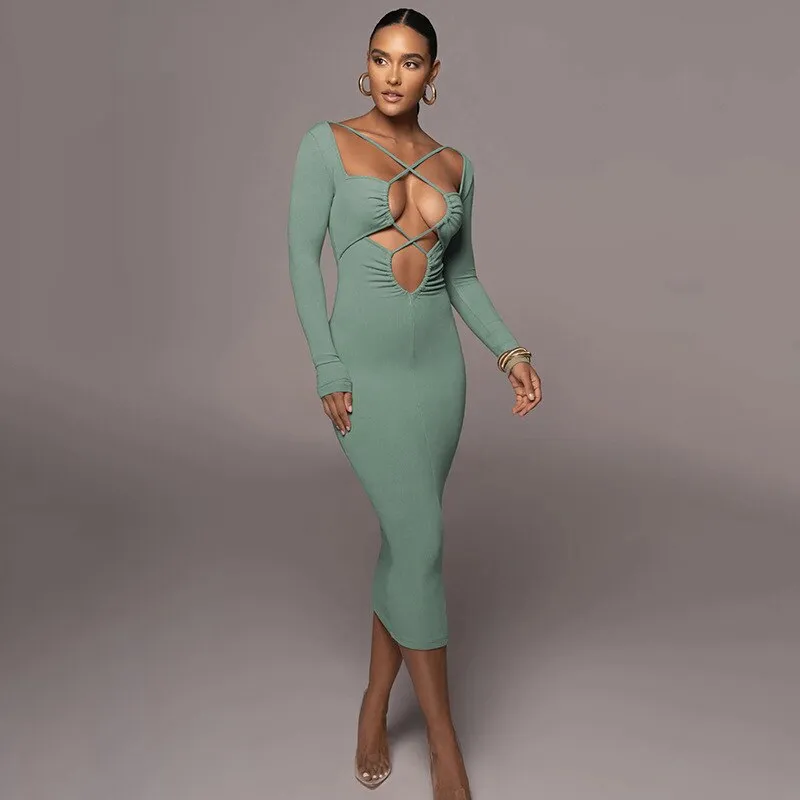 BerriesJam - Sexy Bandage Hollow Out Bodycon Long Sleeve Dress