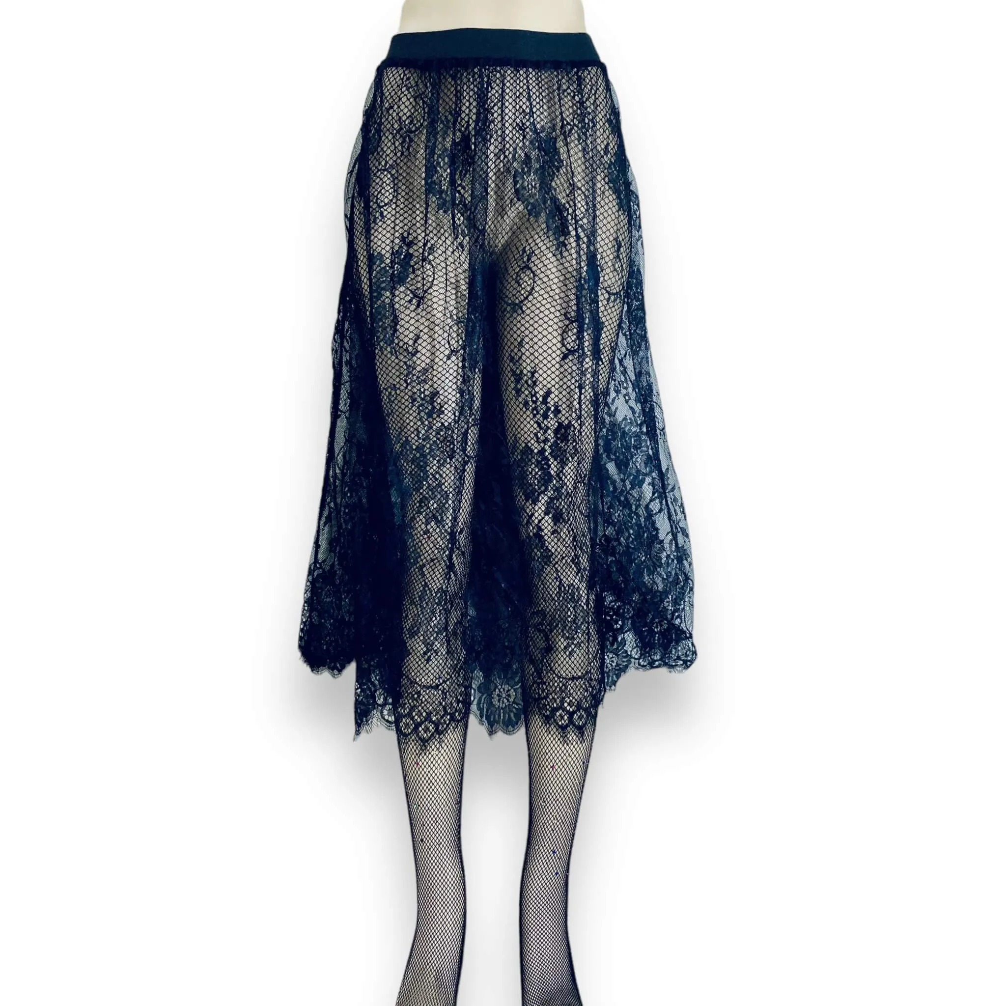 Black Floral Sheer Lace Midi Skirt