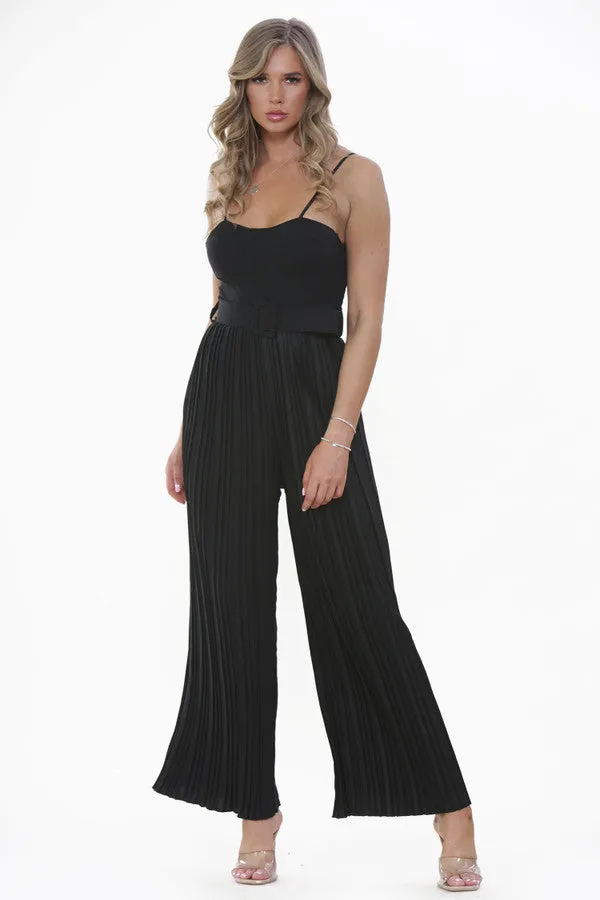 Black Pleated Flare Wide Leg Corset Jumpsuit