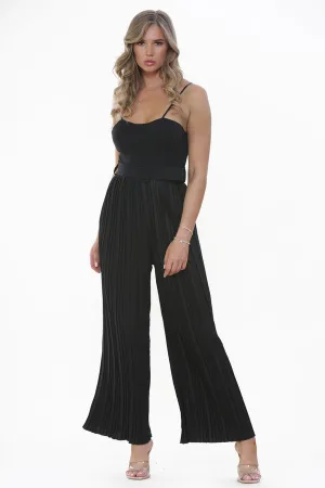 Black Pleated Flare Wide Leg Corset Jumpsuit