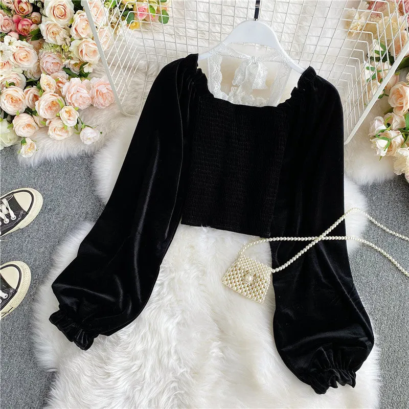 Black velvet long sleeve tops  319