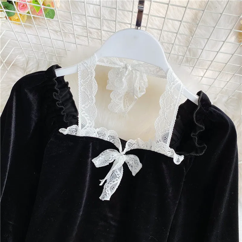 Black velvet long sleeve tops  319
