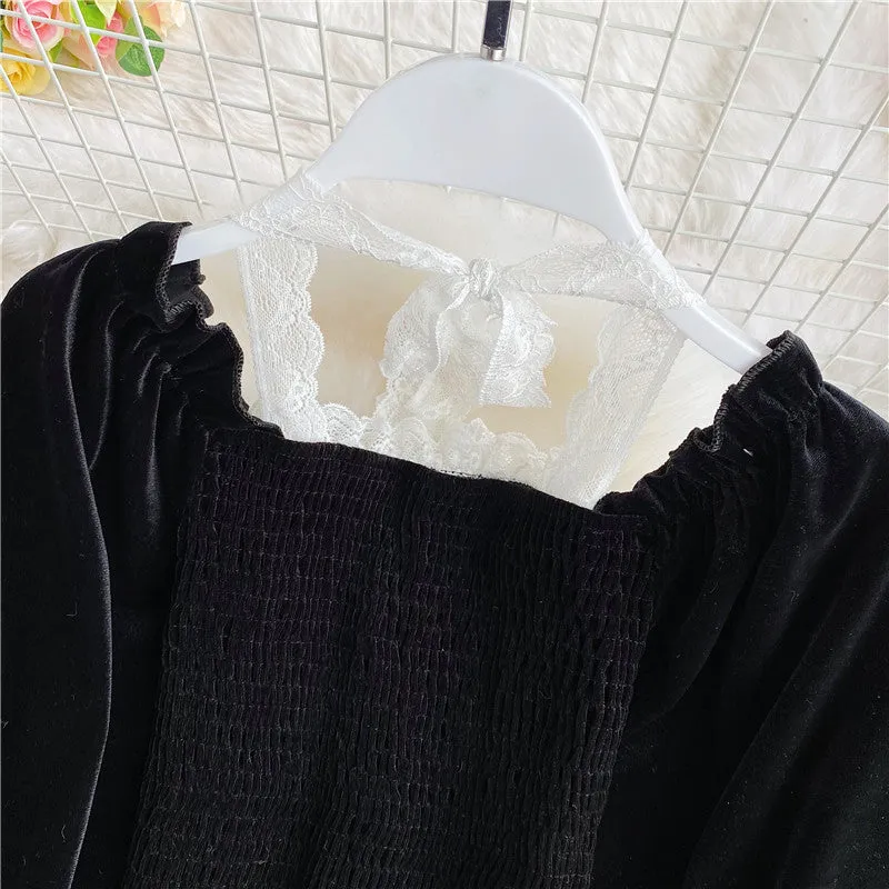 Black velvet long sleeve tops  319