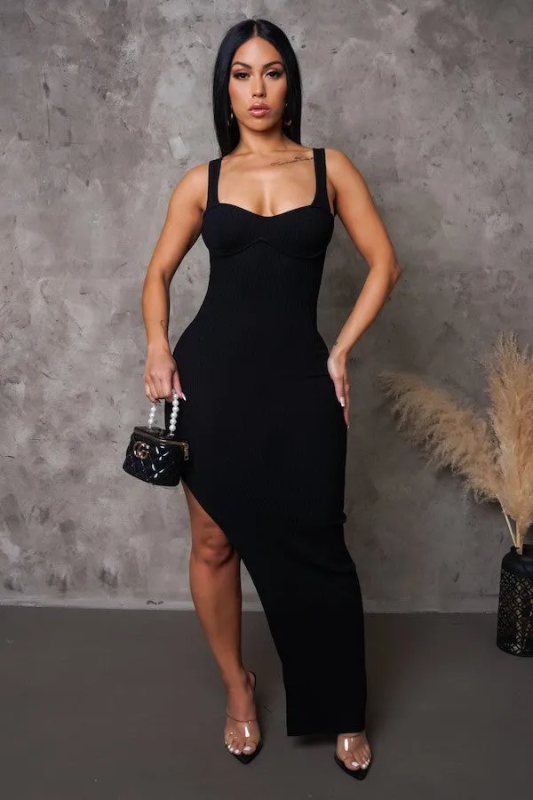 Bustier Side Slit Ribbed Maxi Dress