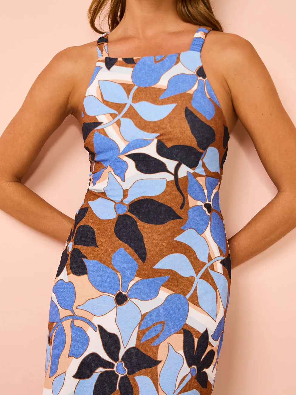 By Johnny Ophelia Floral Bias Midi Dress in Navy/Tan/Brown