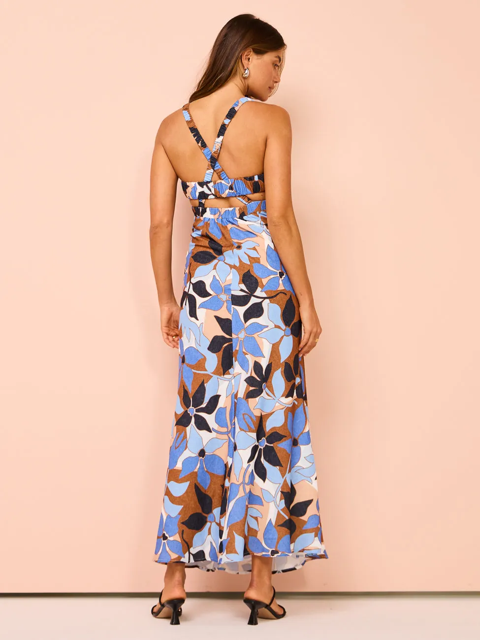 By Johnny Ophelia Floral Bias Midi Dress in Navy/Tan/Brown
