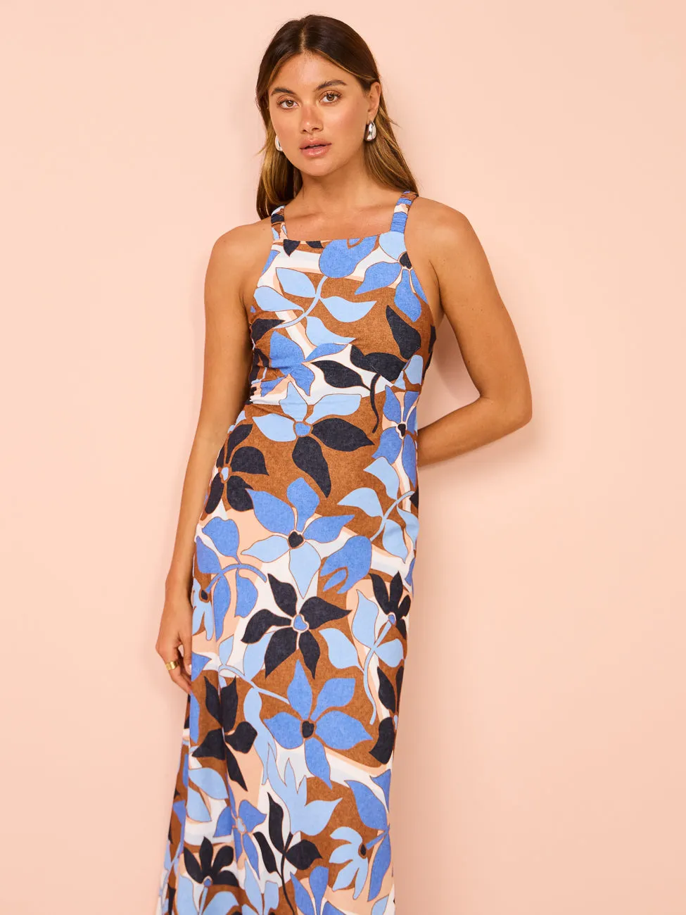 By Johnny Ophelia Floral Bias Midi Dress in Navy/Tan/Brown