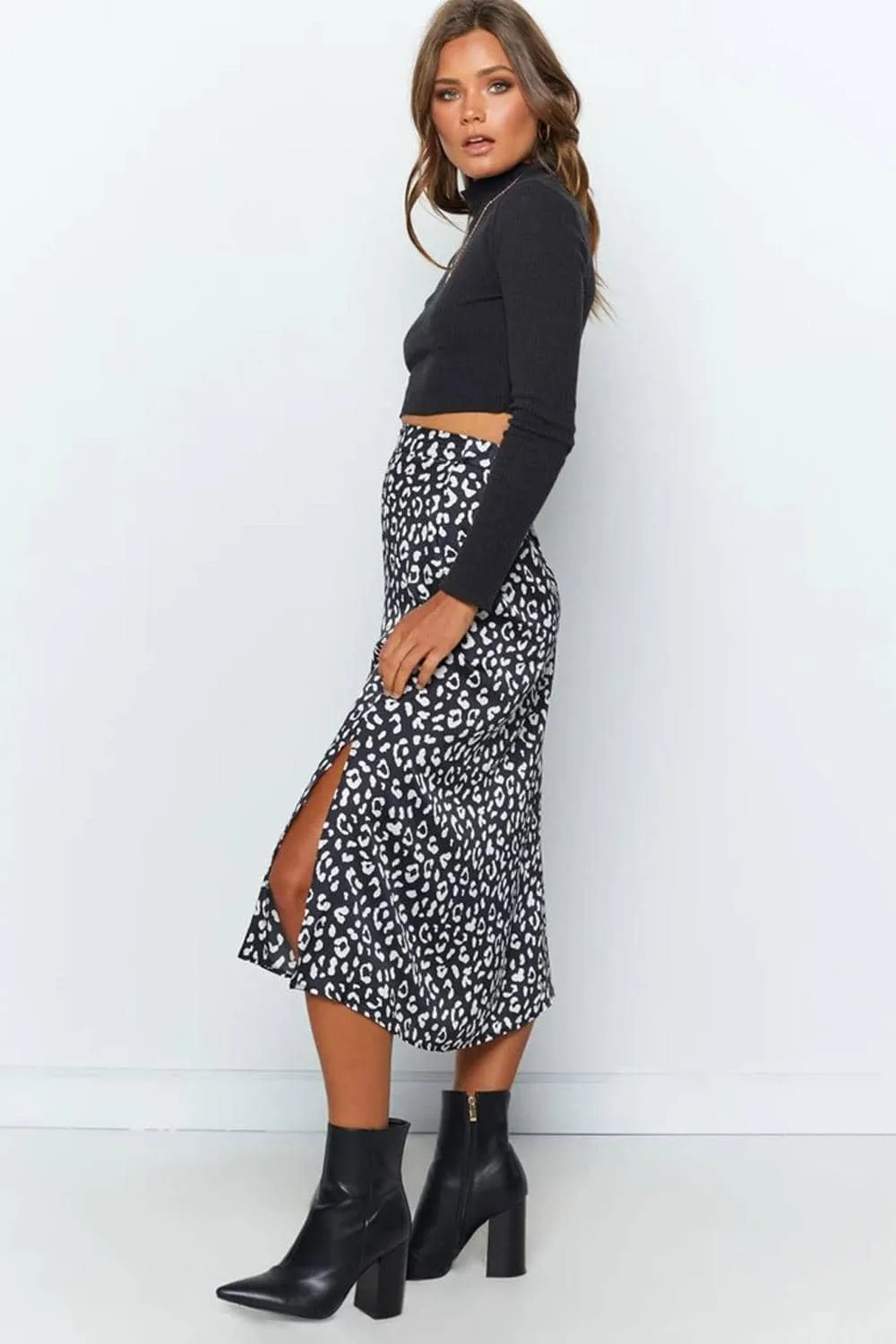 Casual Chiffon Leopard Print Split Long Skirts