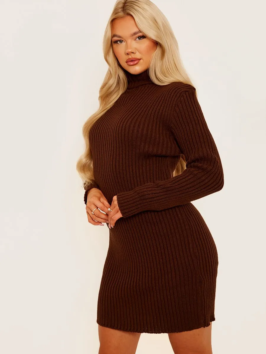 Charley Ribbed Knitted Roll Neck Bodycon Dress In Brown