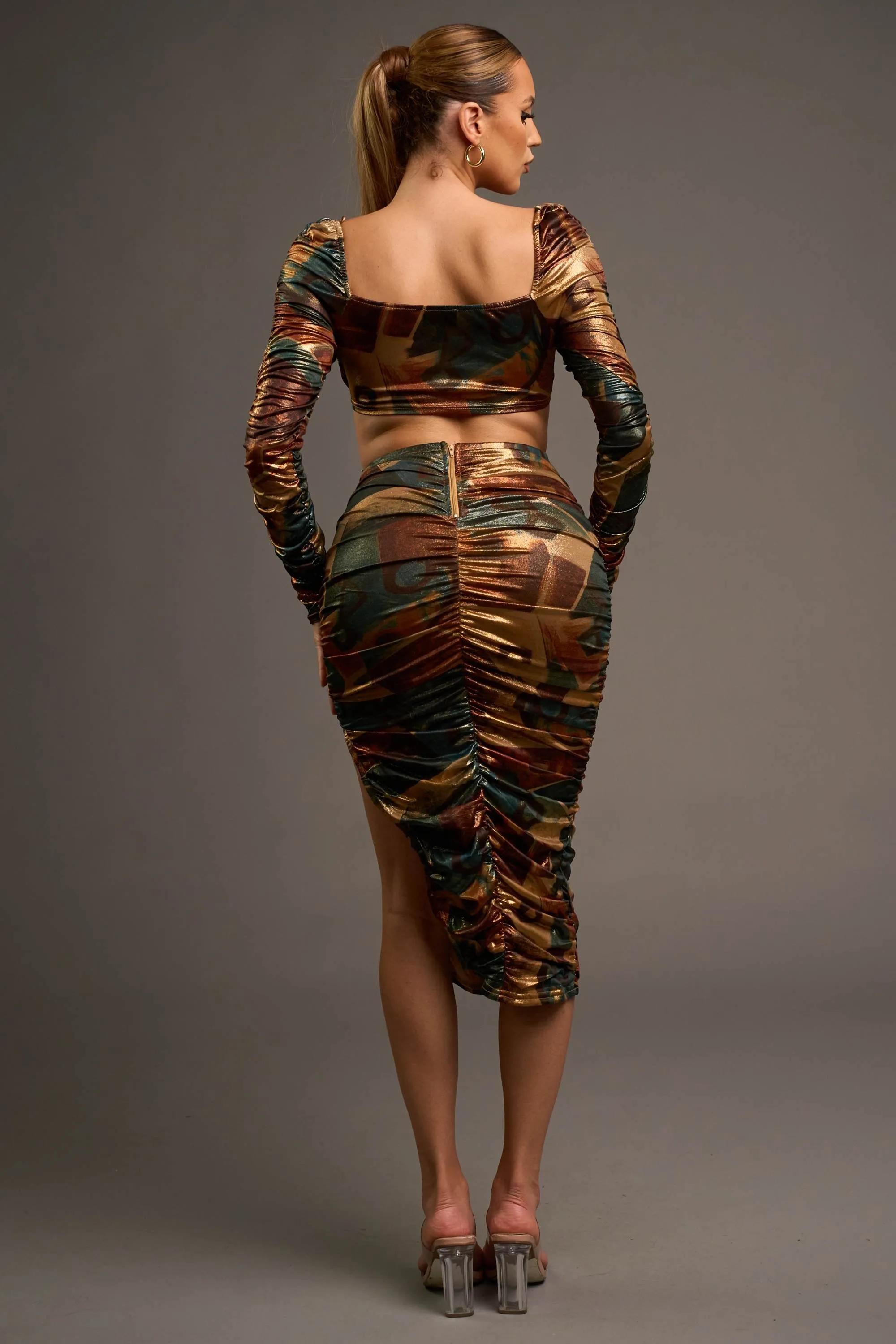 CHIC ABSTRACT PRINT FOILED CROP TOP & SKIRT SETS