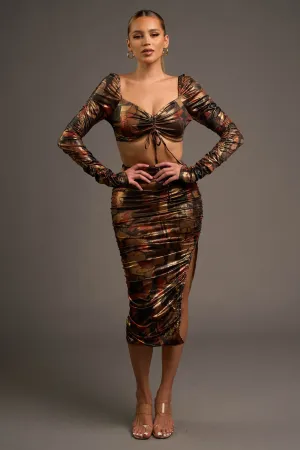 CHIC ABSTRACT PRINT FOILED CROP TOP & SKIRT SETS