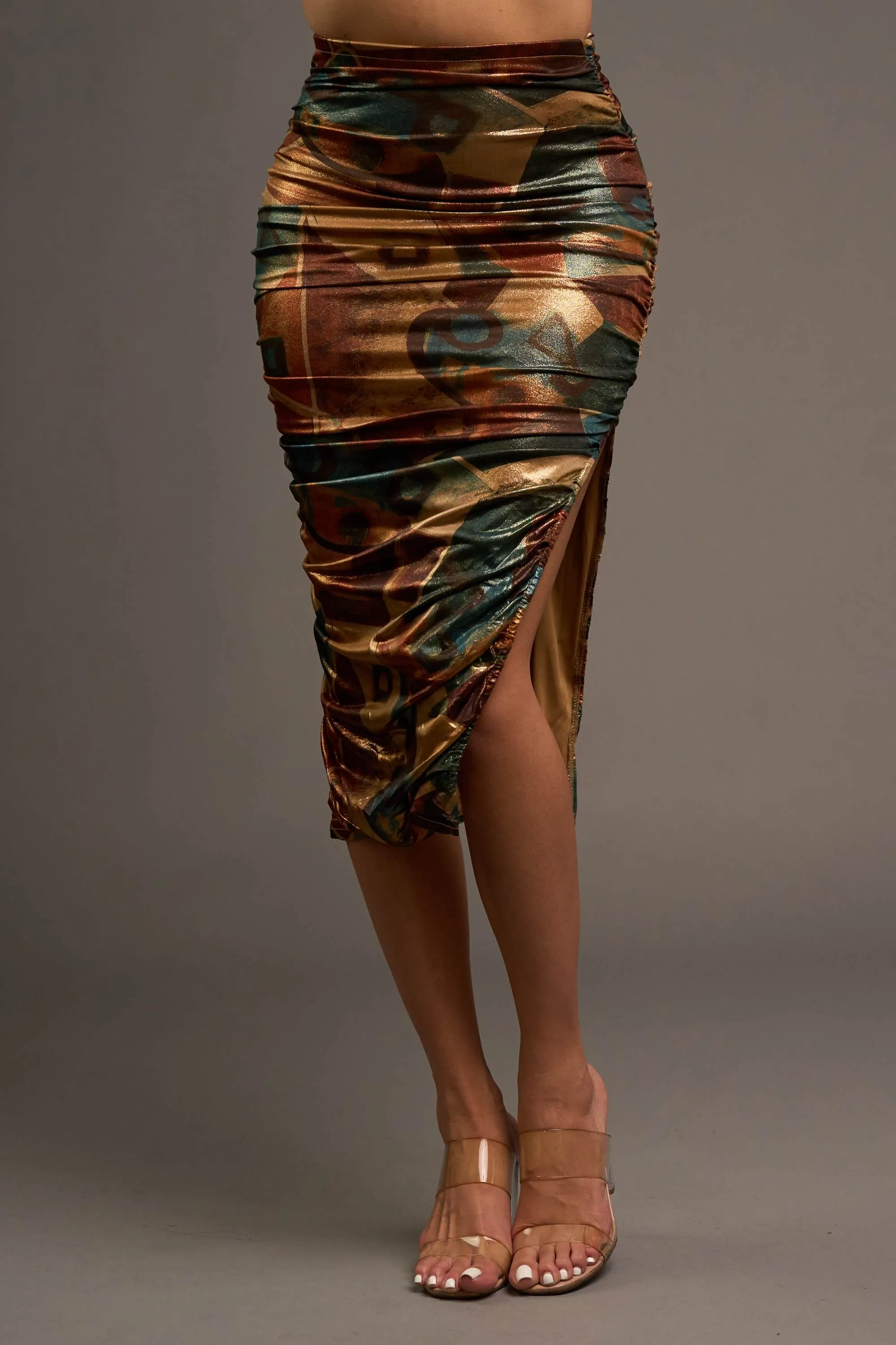 CHIC ABSTRACT PRINT FOILED CROP TOP & SKIRT SETS