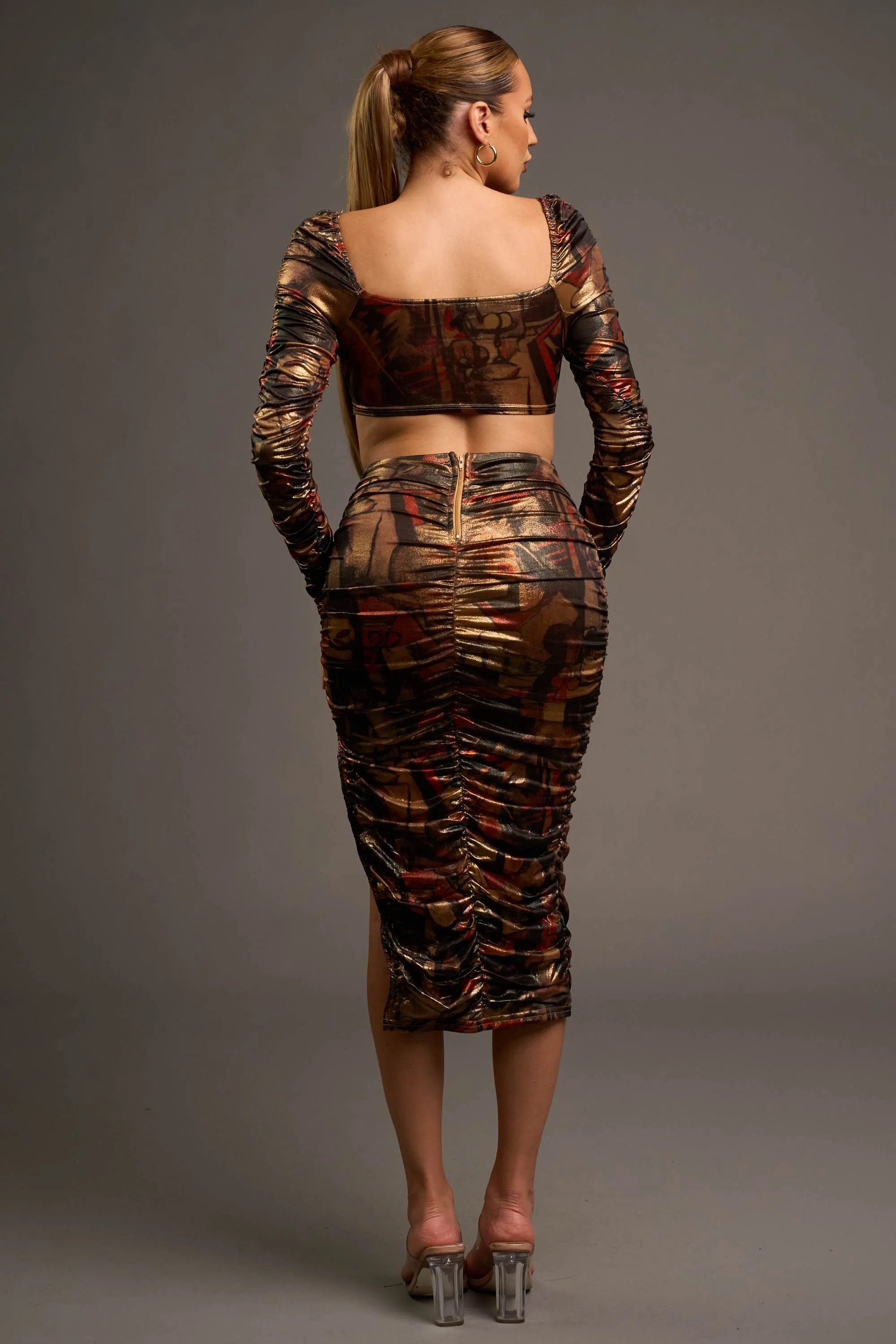 CHIC ABSTRACT PRINT FOILED CROP TOP & SKIRT SETS