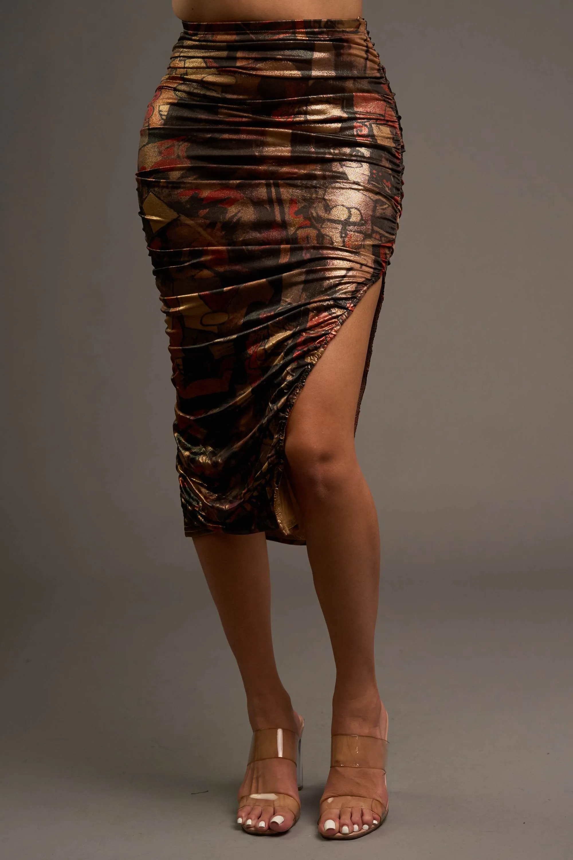 CHIC ABSTRACT PRINT FOILED CROP TOP & SKIRT SETS