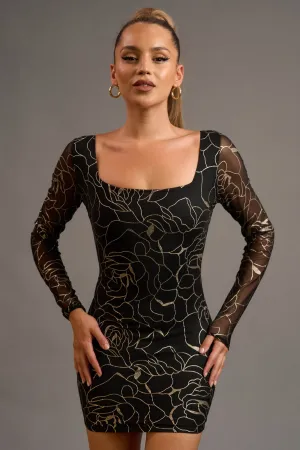 CHIC FLORAL METALLIC PRINT MESH BODYCON MINI DRESS