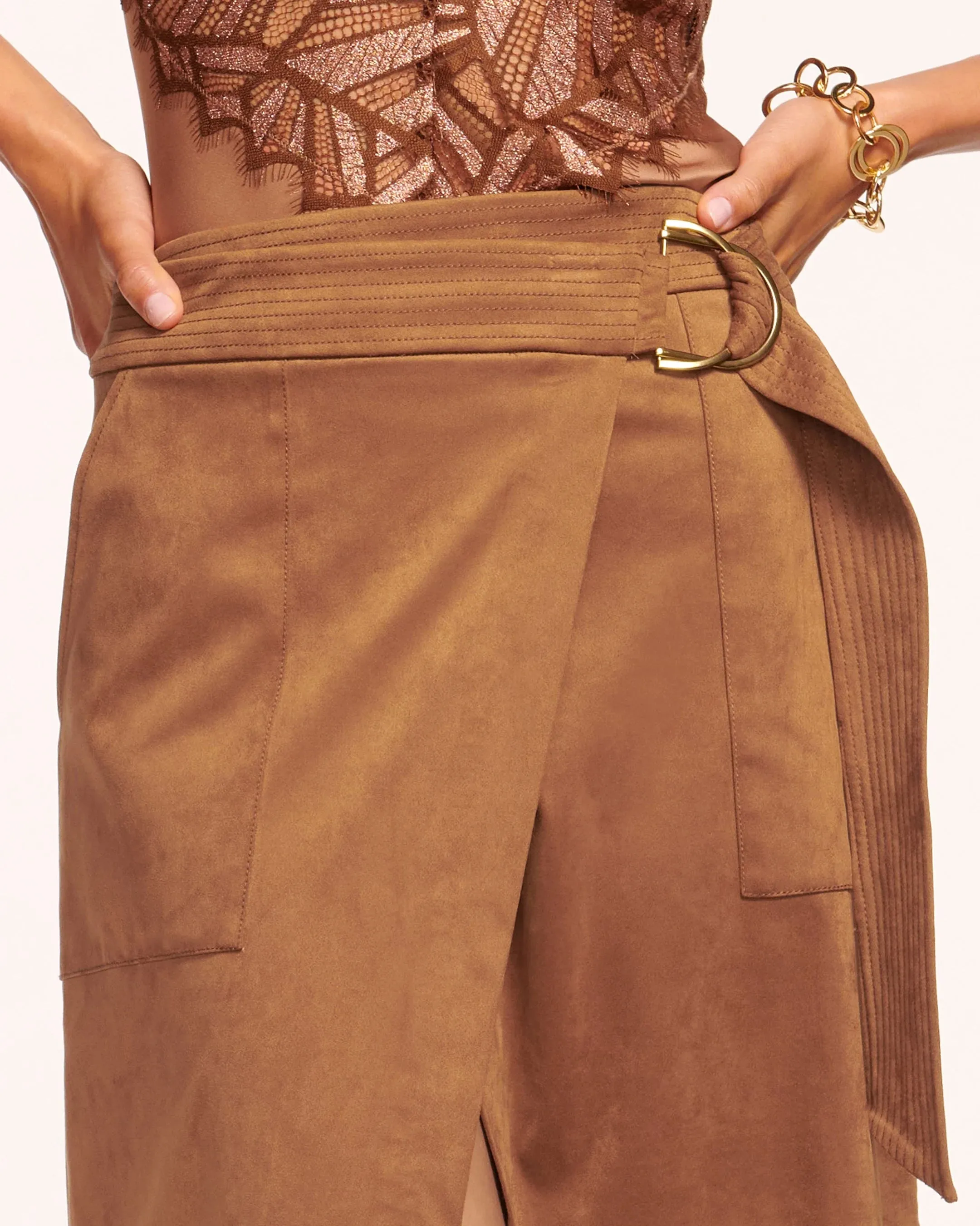 Delphia Faux Suede Midi Skirt | Saddle
