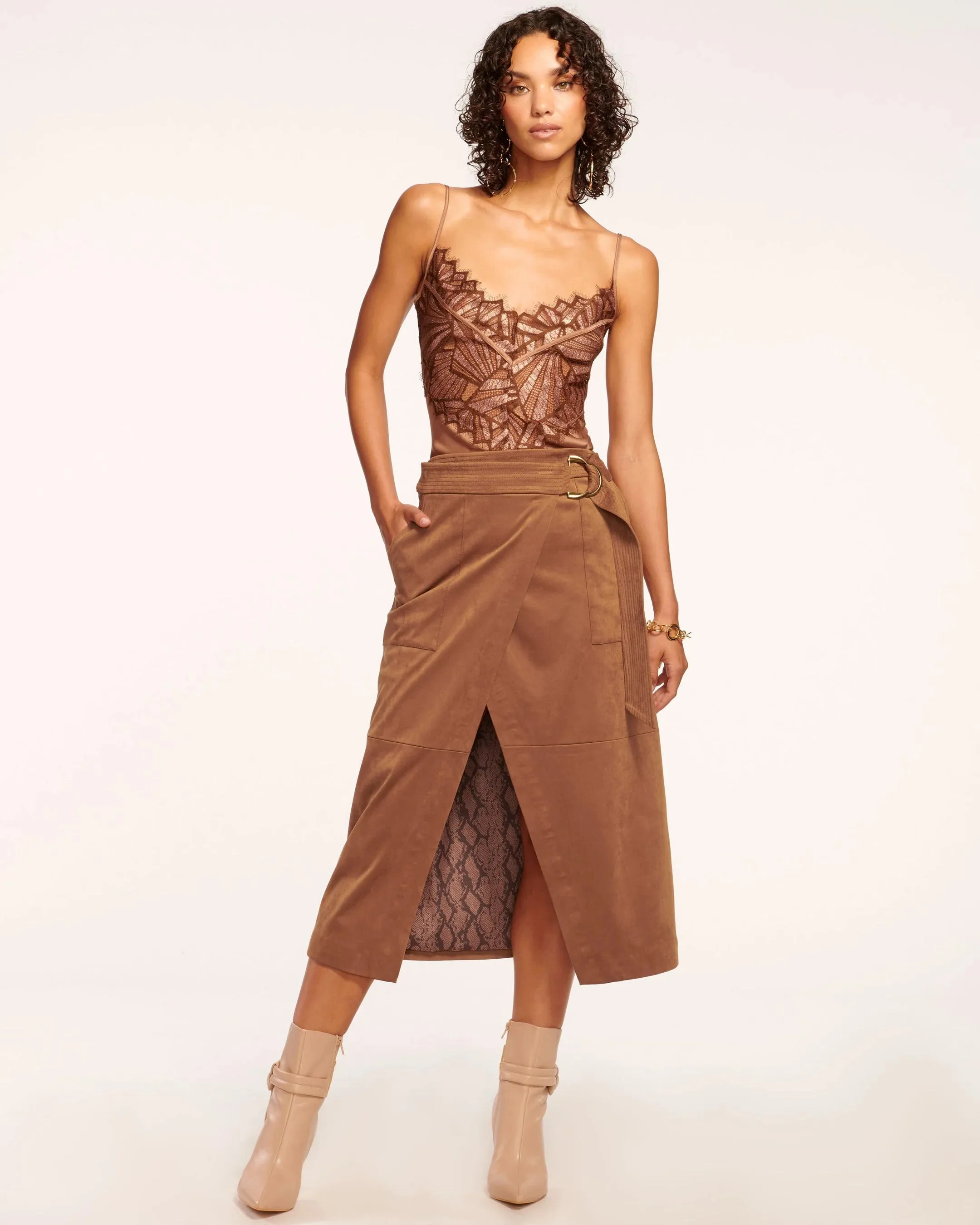 Delphia Faux Suede Midi Skirt | Saddle