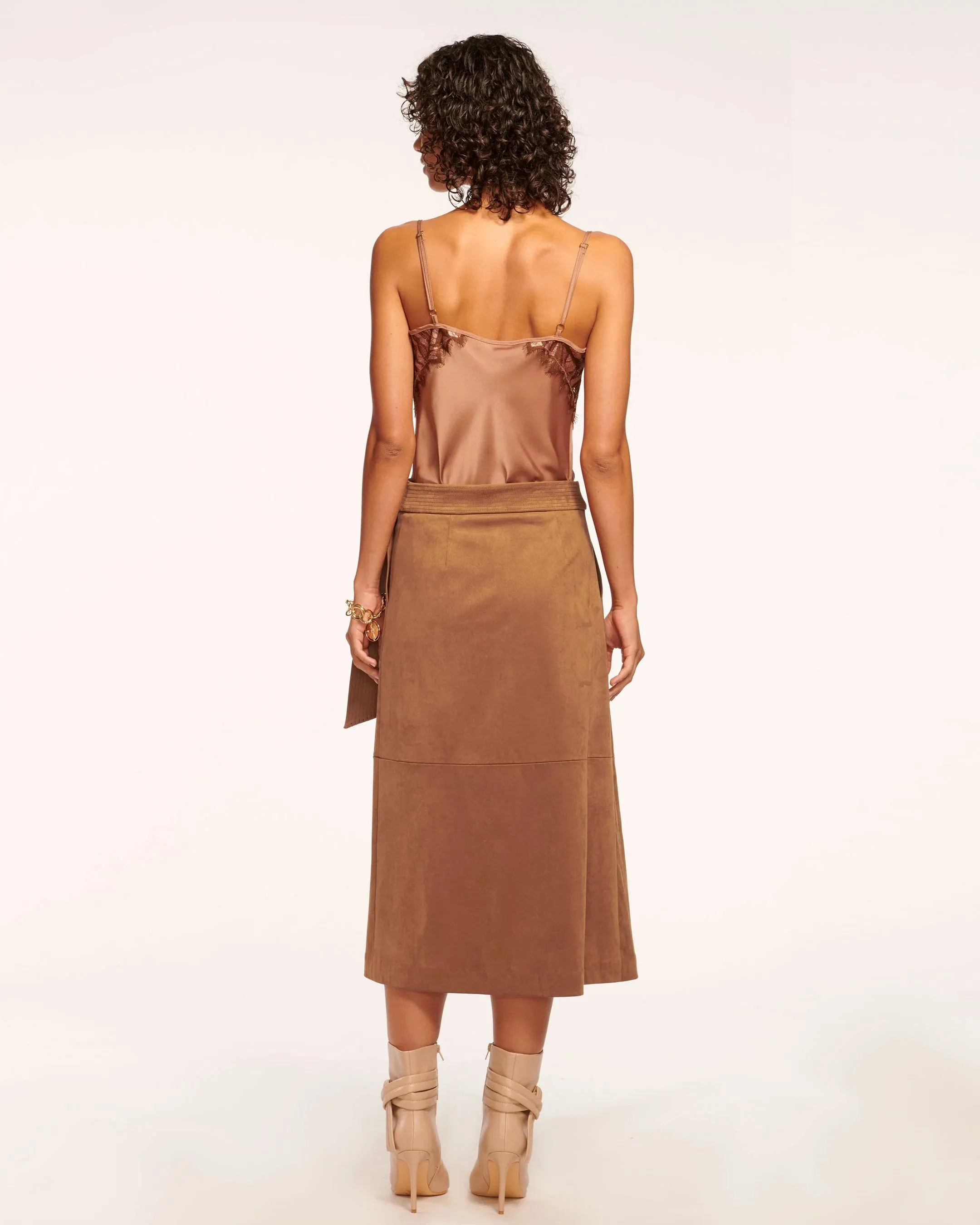 Delphia Faux Suede Midi Skirt | Saddle