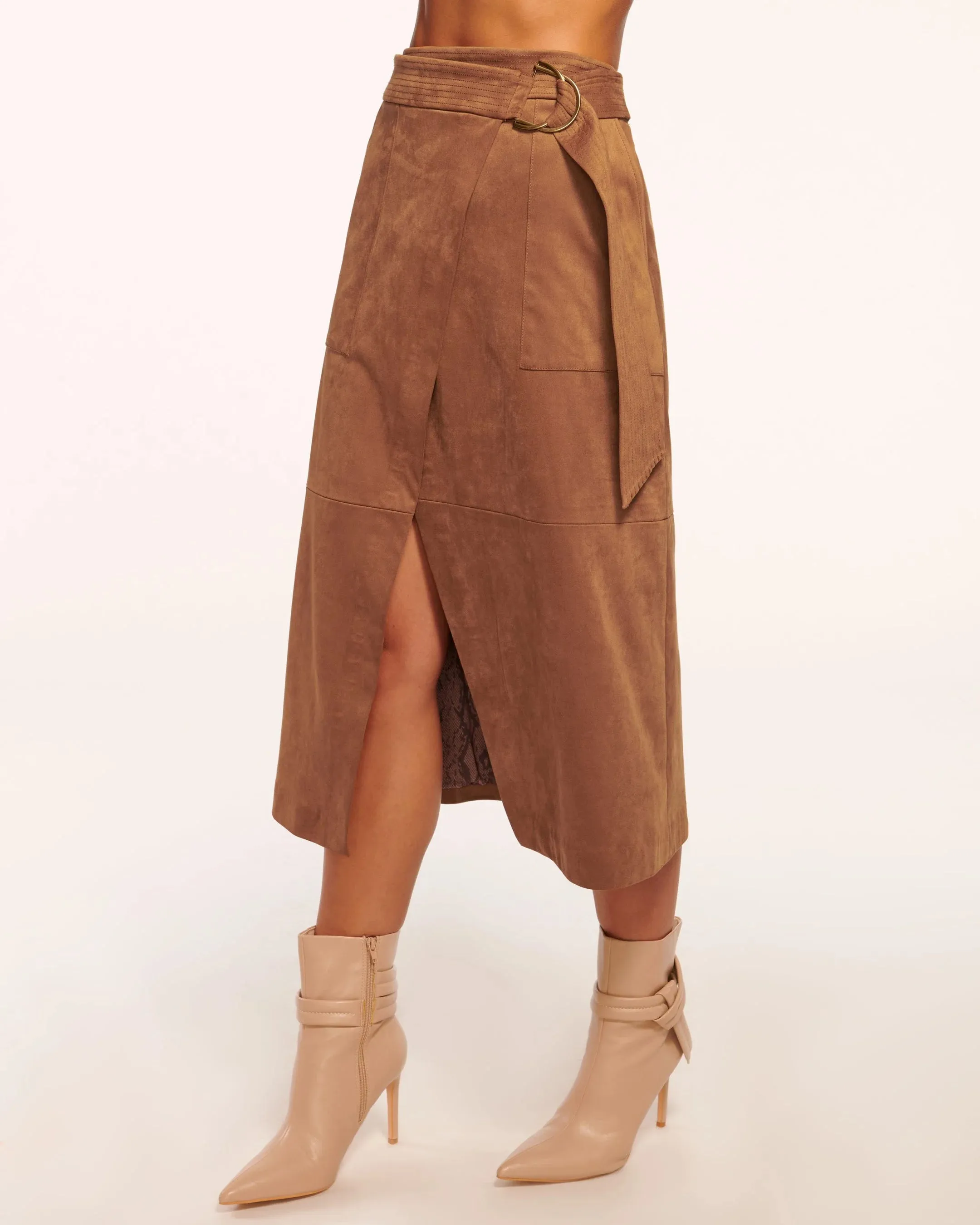 Delphia Faux Suede Midi Skirt | Saddle