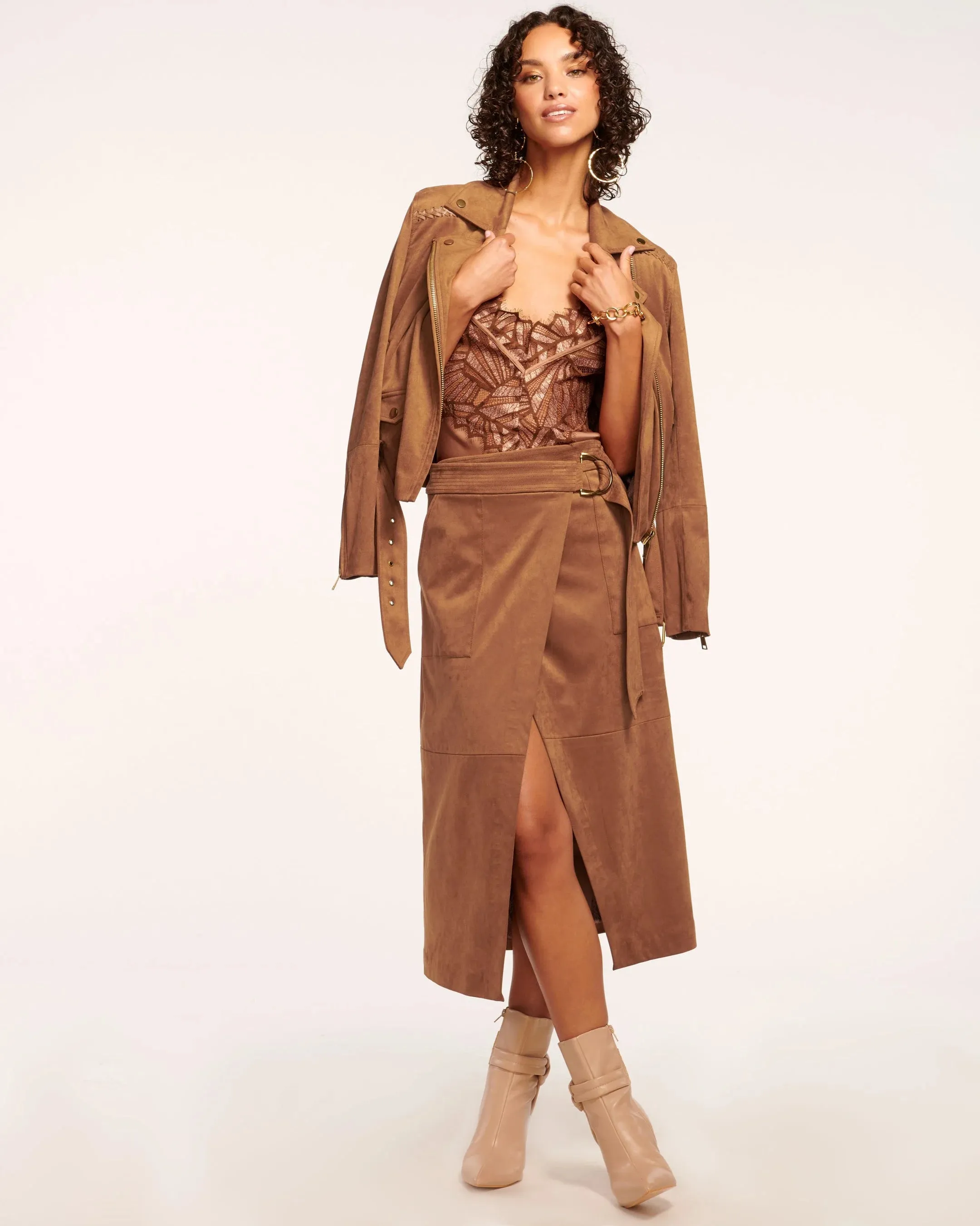Delphia Faux Suede Midi Skirt | Saddle