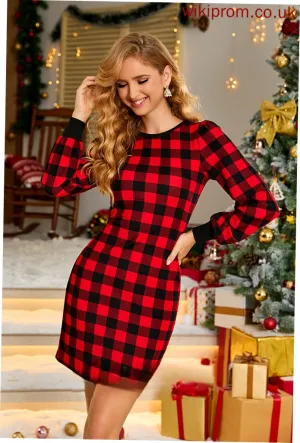 Dresses Club Dresses Plaid Blends Neck Elegant Mini Felicity Cotton Long Sleeves Round Bodycon