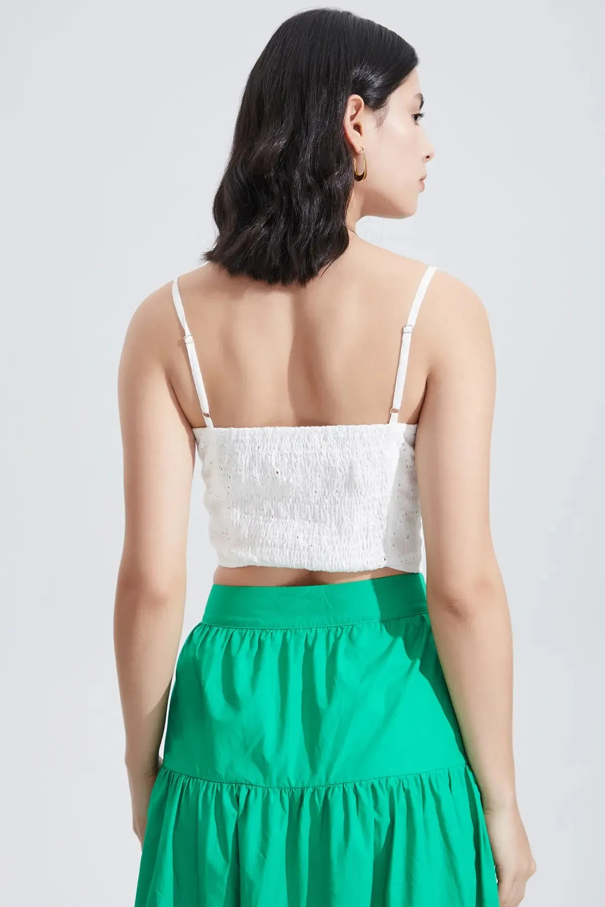 Eyelet Embroidery Shirred Crop Camis Top