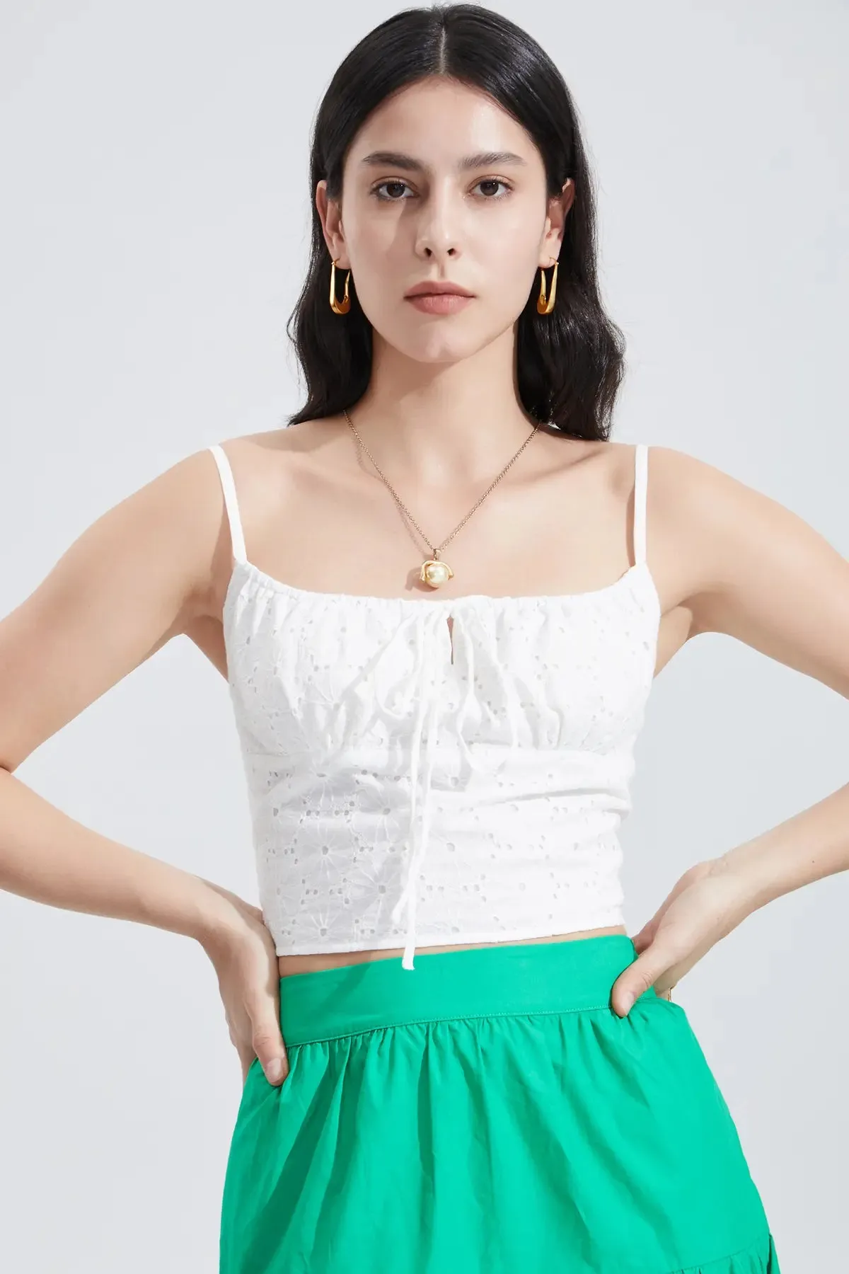 Eyelet Embroidery Shirred Crop Camis Top