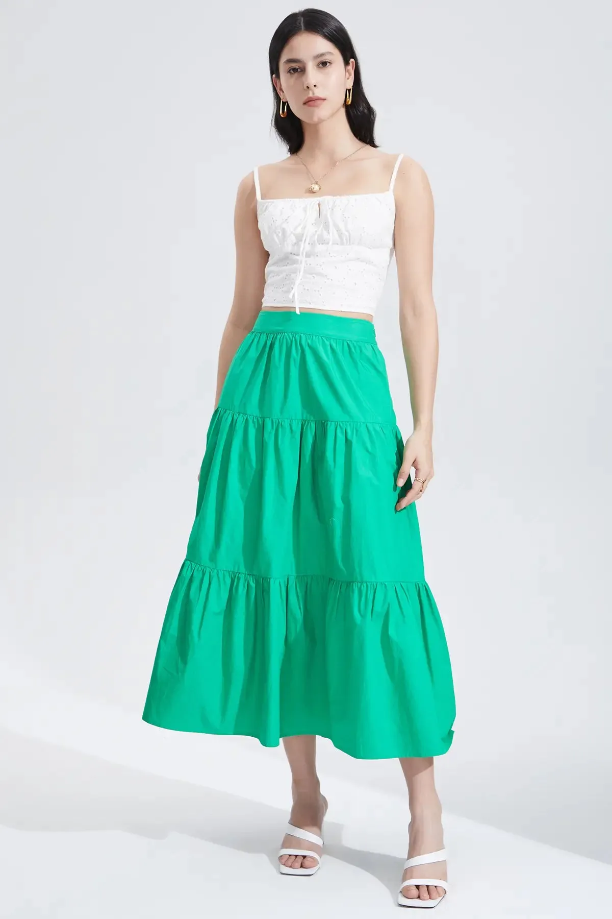 Eyelet Embroidery Shirred Crop Camis Top
