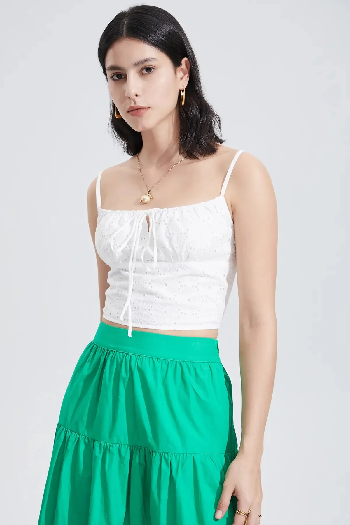 Eyelet Embroidery Shirred Crop Camis Top