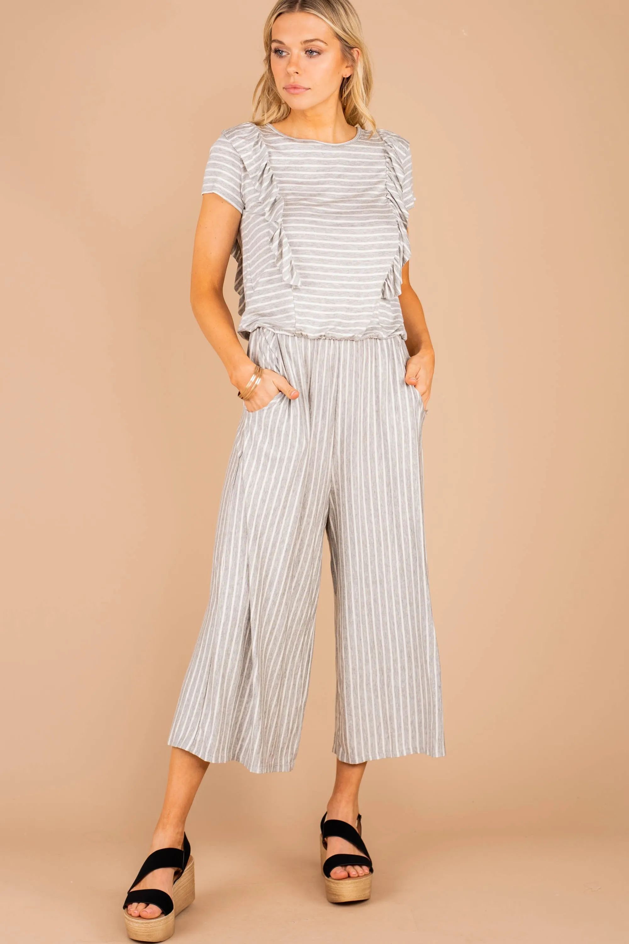 Feel The Love Gray Striped Jumpsuit