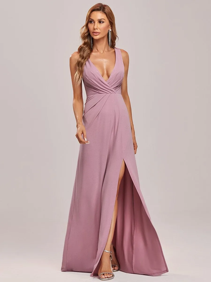 Floor Length V Neck Shimmery Wholesale Evening Dresses With Side Split