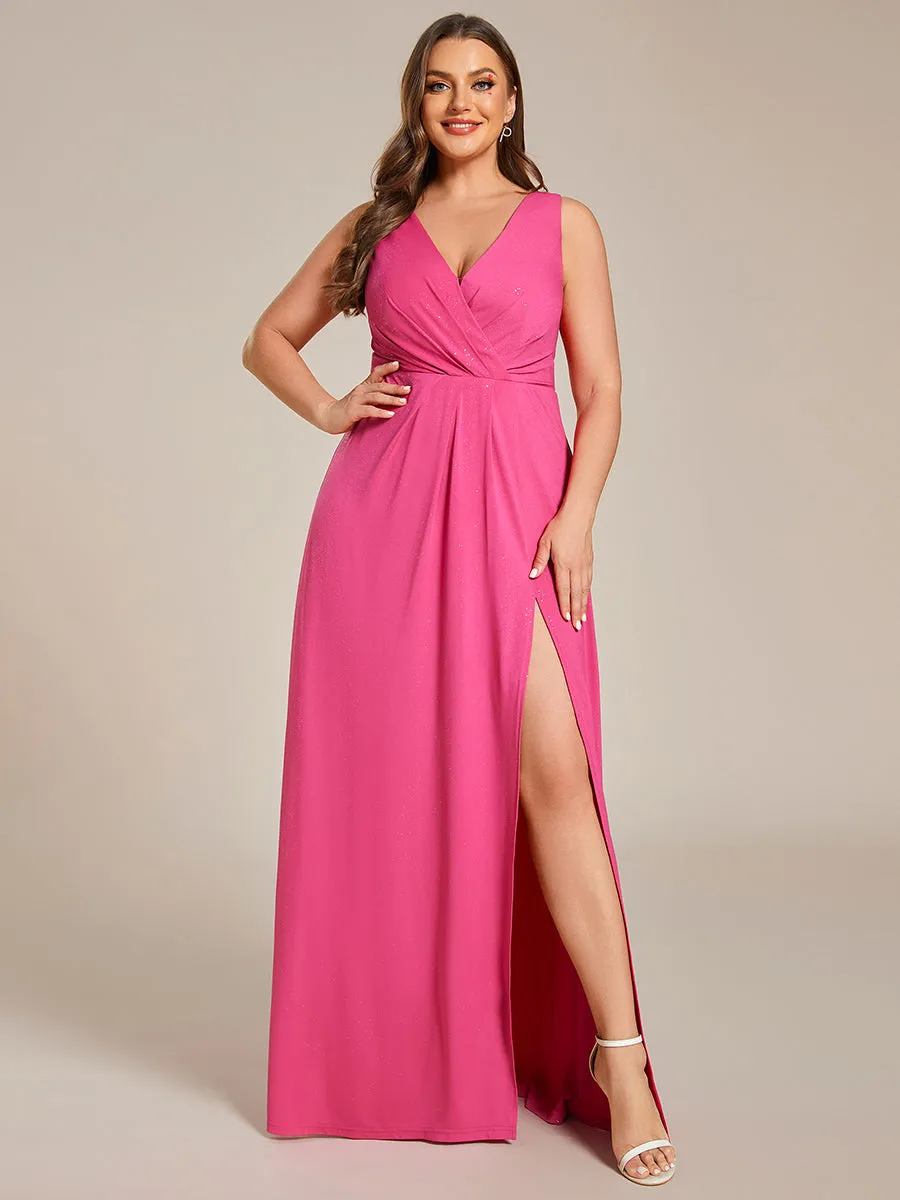 Floor Length V Neck Shimmery Wholesale Plus Size Evening Dresses