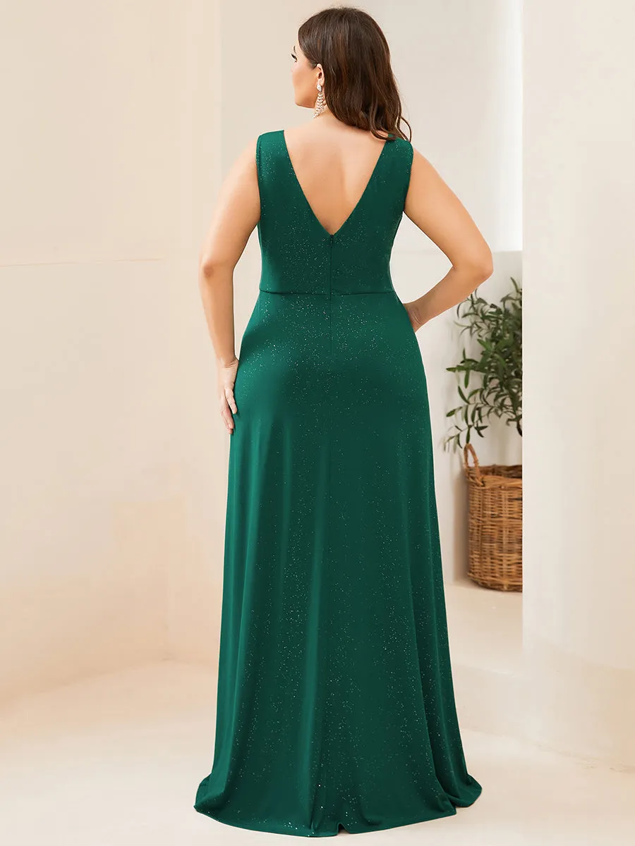 Floor Length V Neck Shimmery Wholesale Plus Size Evening Dresses