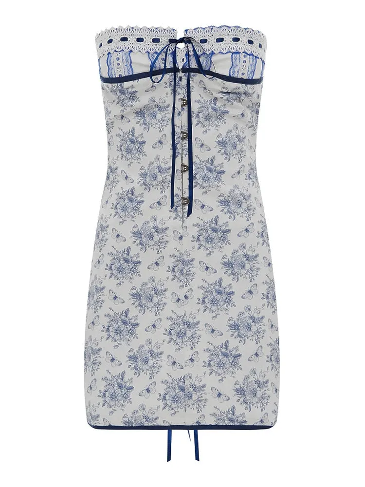 Floral Printed Vacation Women Dress Off-shoulder Blue Metal Button Spring Skinny Elegant Outside Female Mini Dresses