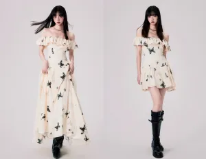 French Ink Butterfly Print Off-Shoulder Dress
