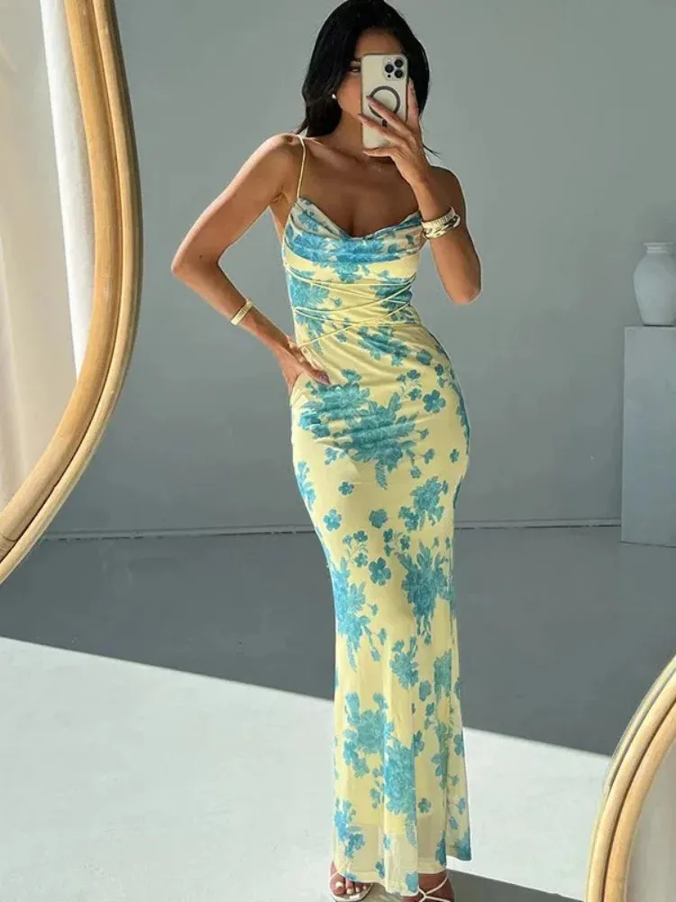 Girlary Printing Spaghetti Strap Long Bodycon Dress For Women Clothing Slim Sexy Streetwear Lace-Up Sleeveless Vestidos De Mujer Summer
