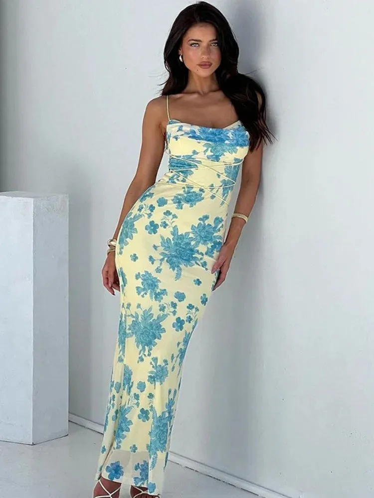 Girlary Printing Spaghetti Strap Long Bodycon Dress For Women Clothing Slim Sexy Streetwear Lace-Up Sleeveless Vestidos De Mujer Summer
