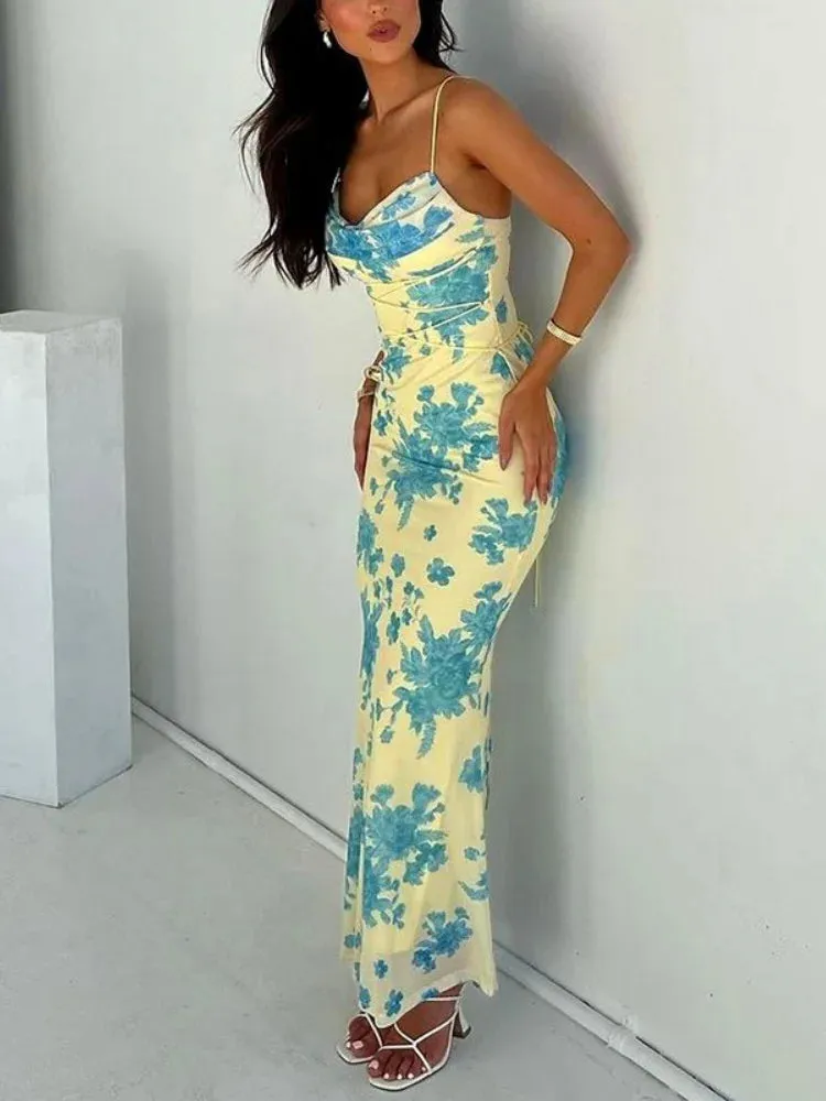 Girlary Printing Spaghetti Strap Long Bodycon Dress For Women Clothing Slim Sexy Streetwear Lace-Up Sleeveless Vestidos De Mujer Summer