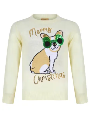 Girl's Glasses Dog Novelty Sequinned Christmas Jumper in Gardenia - Merry Christmas Kids (4-12yrs)