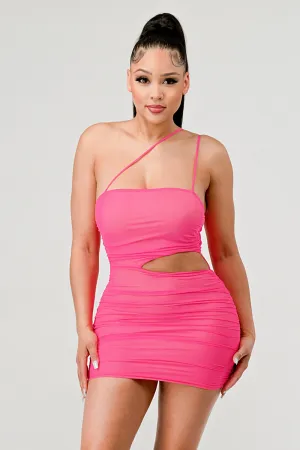 GLITTER MESH WAIST CUTOUT RUCHED MINI DRESS