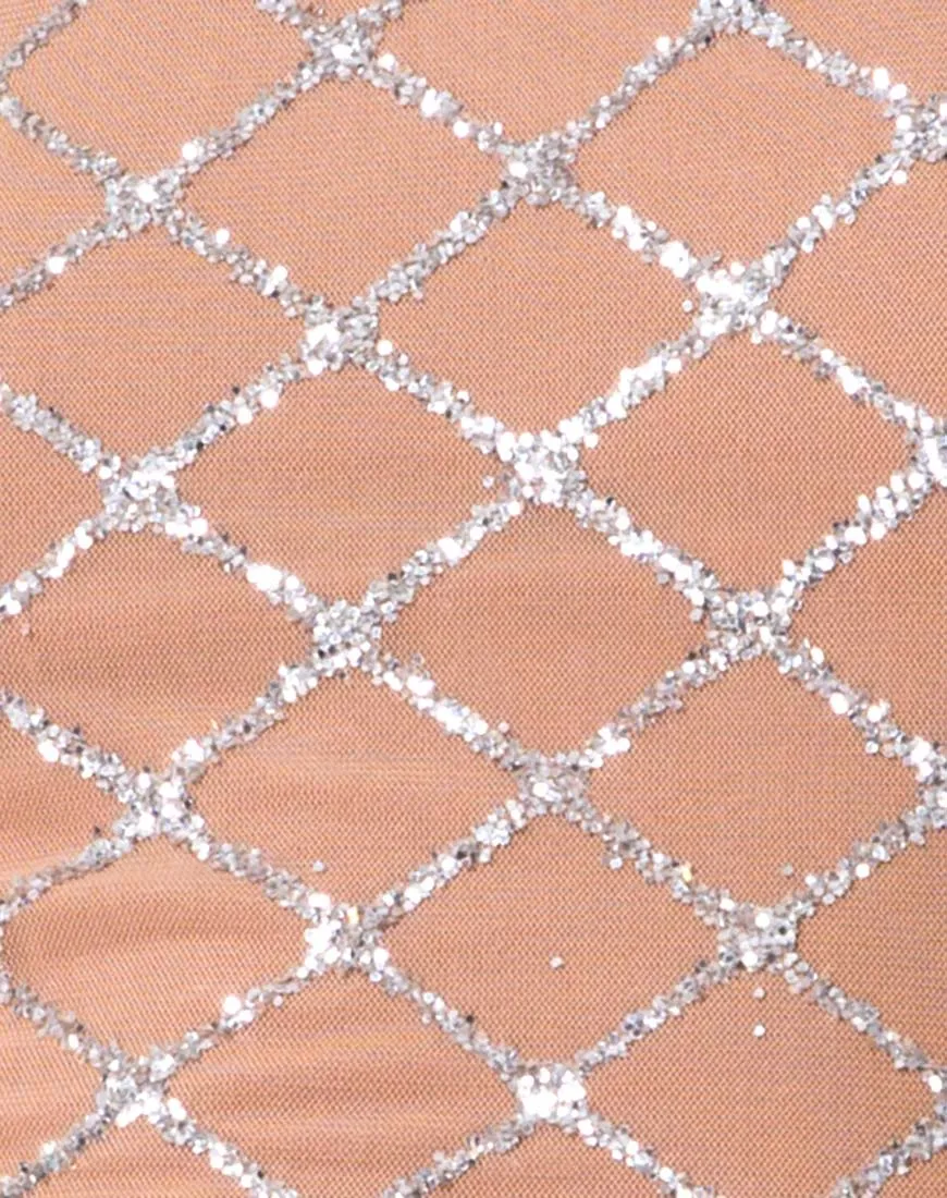 Hedi Bodycon Dress in Cross Linked Glitter Net Tan
