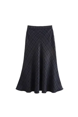 'Heres ' Fitted Plaid Midi Skirt with Fishtail Hem