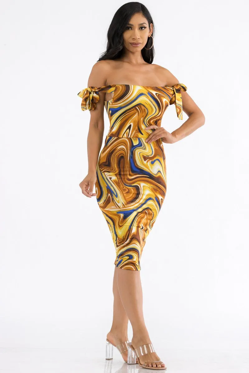 HH705R-SWIRL - OFF THE SHOULDER TIE DRESS