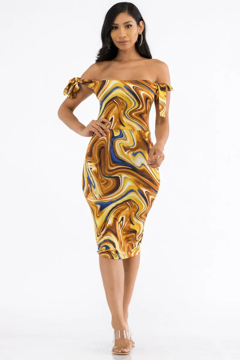 HH705R-SWIRL - OFF THE SHOULDER TIE DRESS