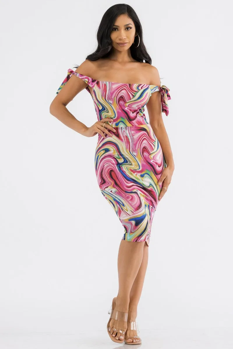 HH705R-SWIRL - OFF THE SHOULDER TIE DRESS