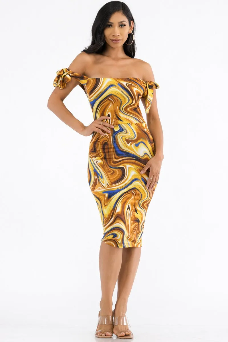 HH705R-SWIRL - OFF THE SHOULDER TIE DRESS